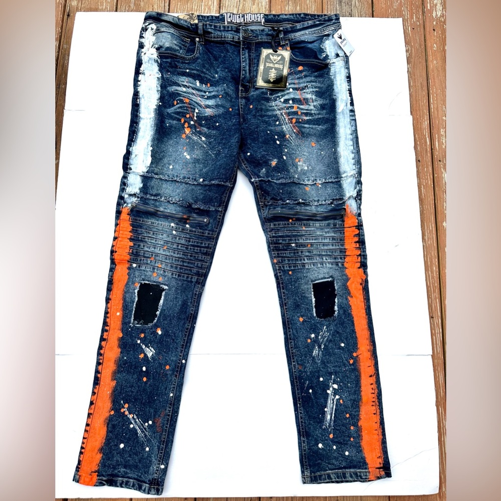 Jewel House Unique Graphic Paint Grunge Streetwear Punk Jeans 44x34 NWT Orange